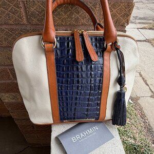 BRAHMIN Lady Vineyard Vivian Navy Cream Domed Satchel Bag Tassel Never Used